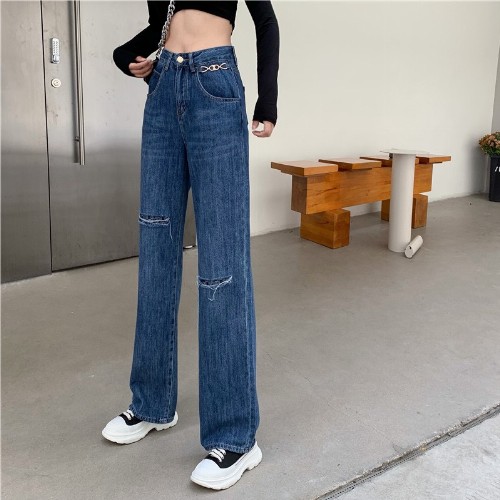 Quần Jeans Ống Rộng Xẻ Gối Cá Tính